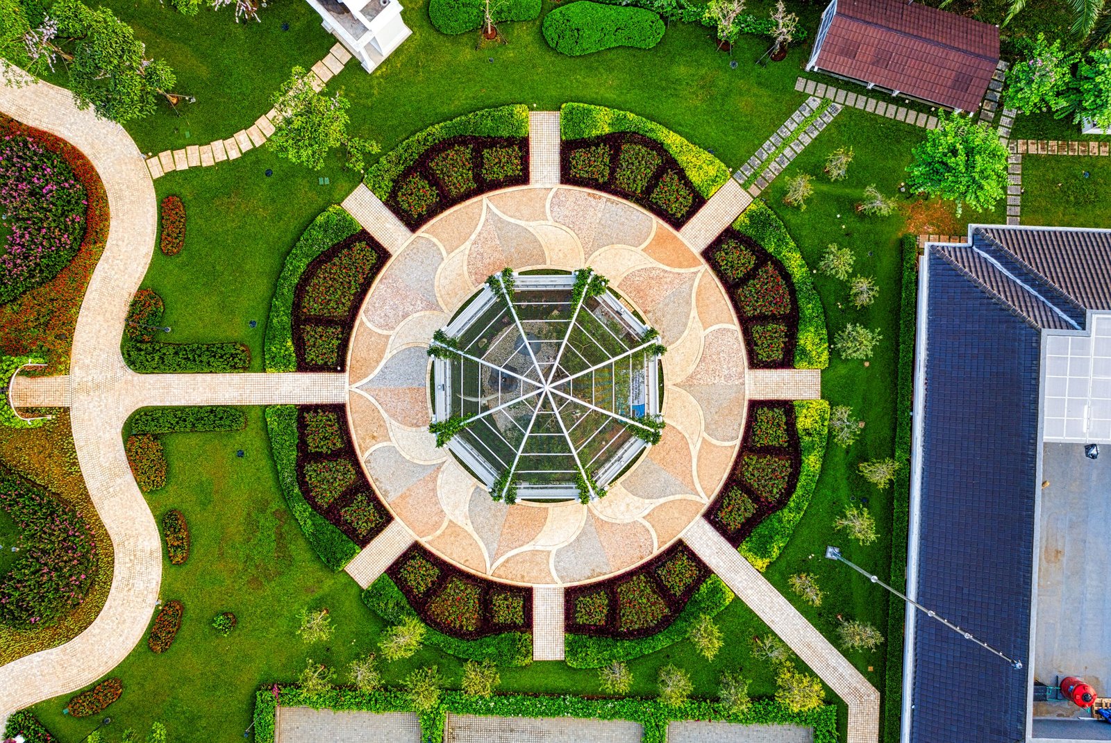 A stunning aerial shot of a circular garden design in Banten, Indonesia.